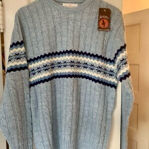 Vintage Jantzen Men's Sky Blue Crewneck Ski Sweater with Navy and Cream Stripes